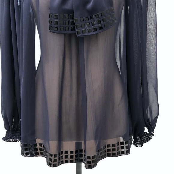 VIE TA VIE NAVY SALLY BLOUSE OFF-THE-SHOULDER SEMI SHEER TOP WITH SCARF/BELT - Picture 3 of 14